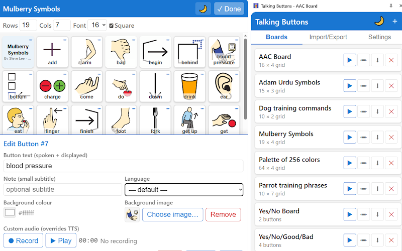 Talking Buttons Chrome extension: communication board screen.
